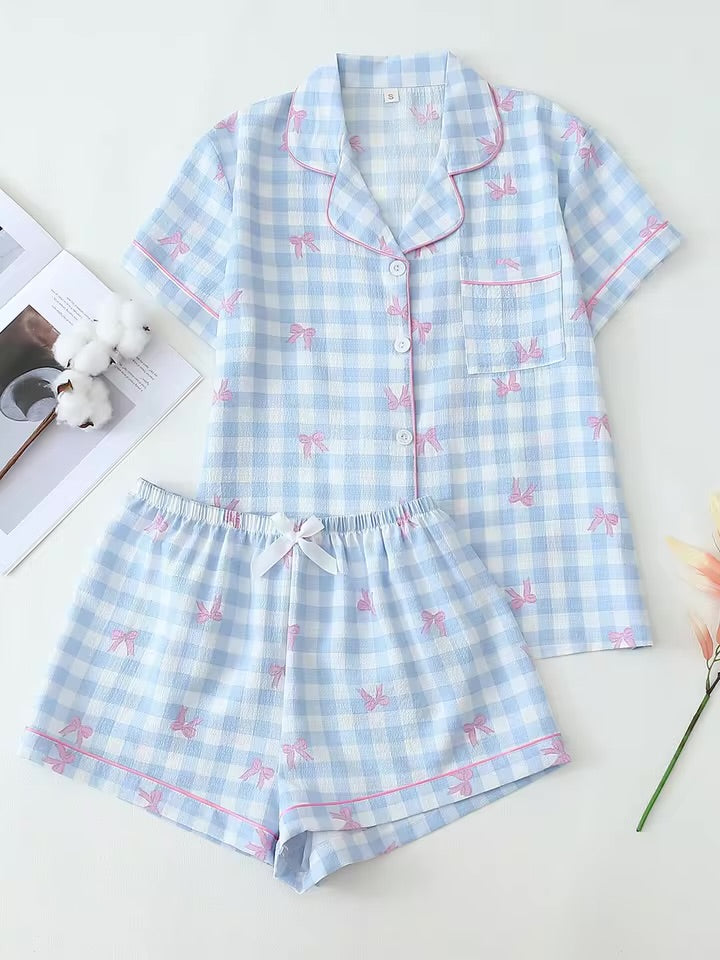 Conjunto de pijama - Camiseta de manga corta, pantalón corto y pantalón largo de cuadros 🎀