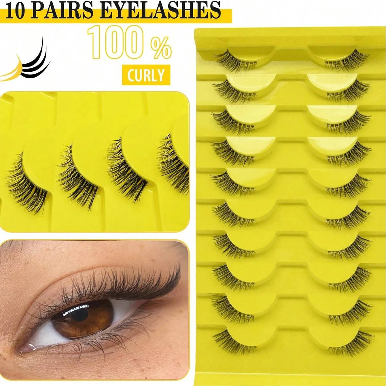 👁️ Pack de 10 pares de pestañas postizas naturales - Suavidad y fijación duradera