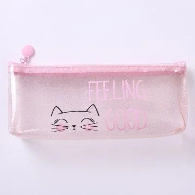 Estuche para lápices con diseño de gato rosa transparente, accesorio escolar para niñas