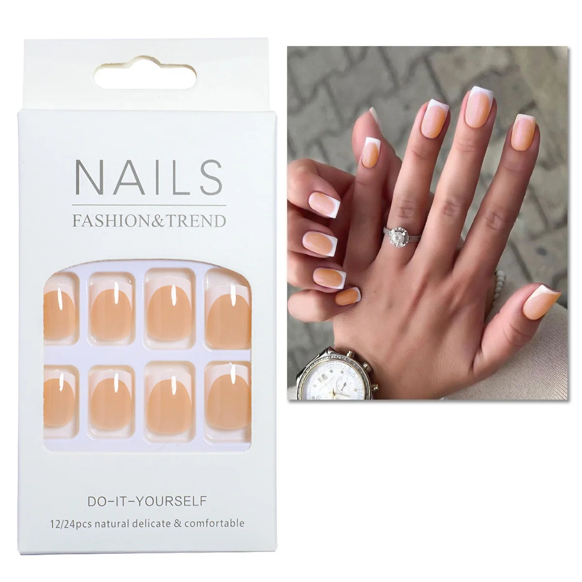 💖 Uñas postizas cuadradas cortas – Juego de 24 con corazones y francés blanco Y2K
