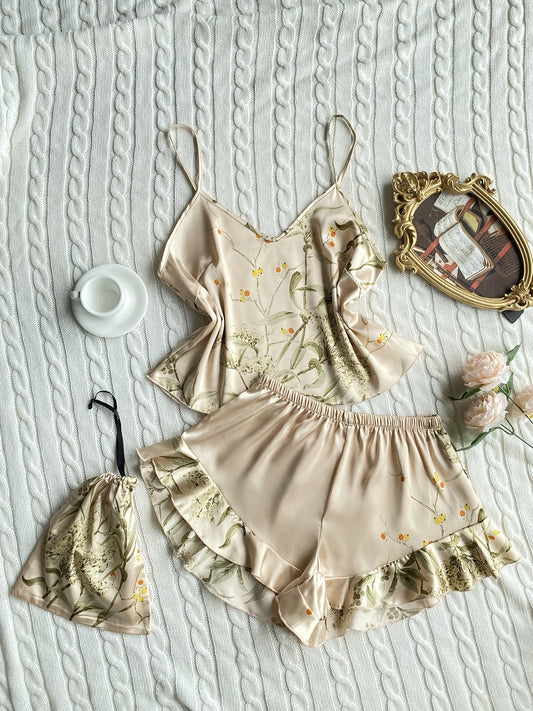 Pyjama Femme Satin – Haut Camisole et Short à Volants imprimé 🌸