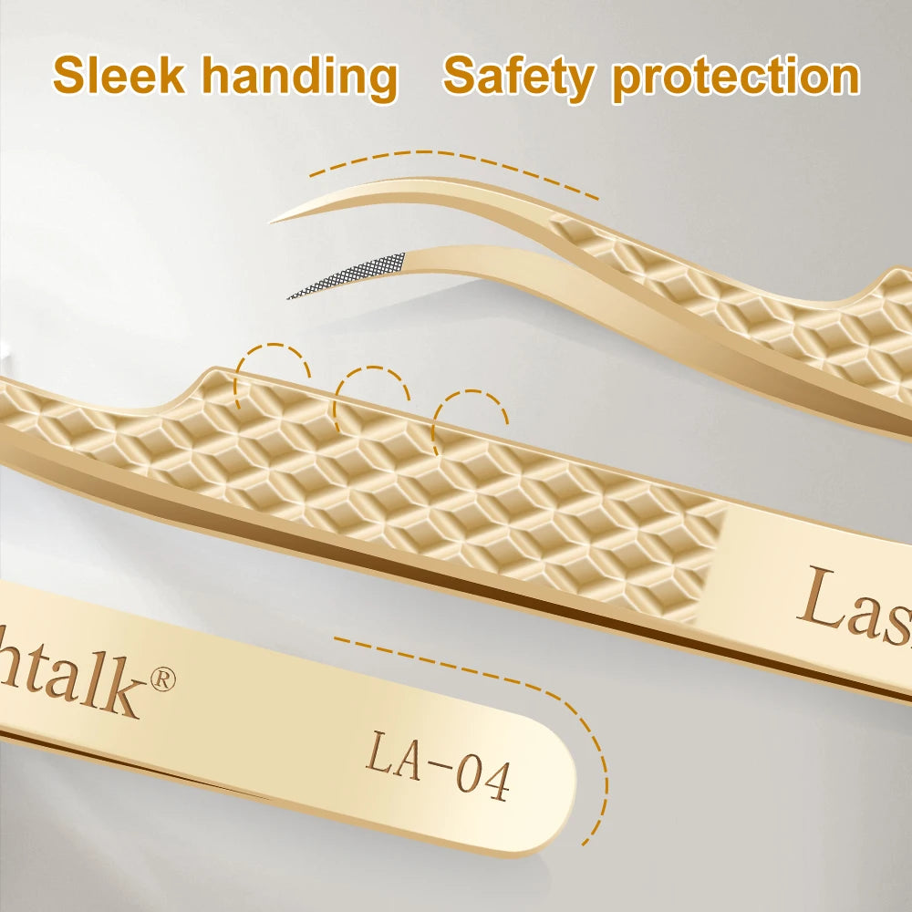 Pinzas de precisión Lashtalk Gold: punta de fibra ultrafina y agarre antideslizante