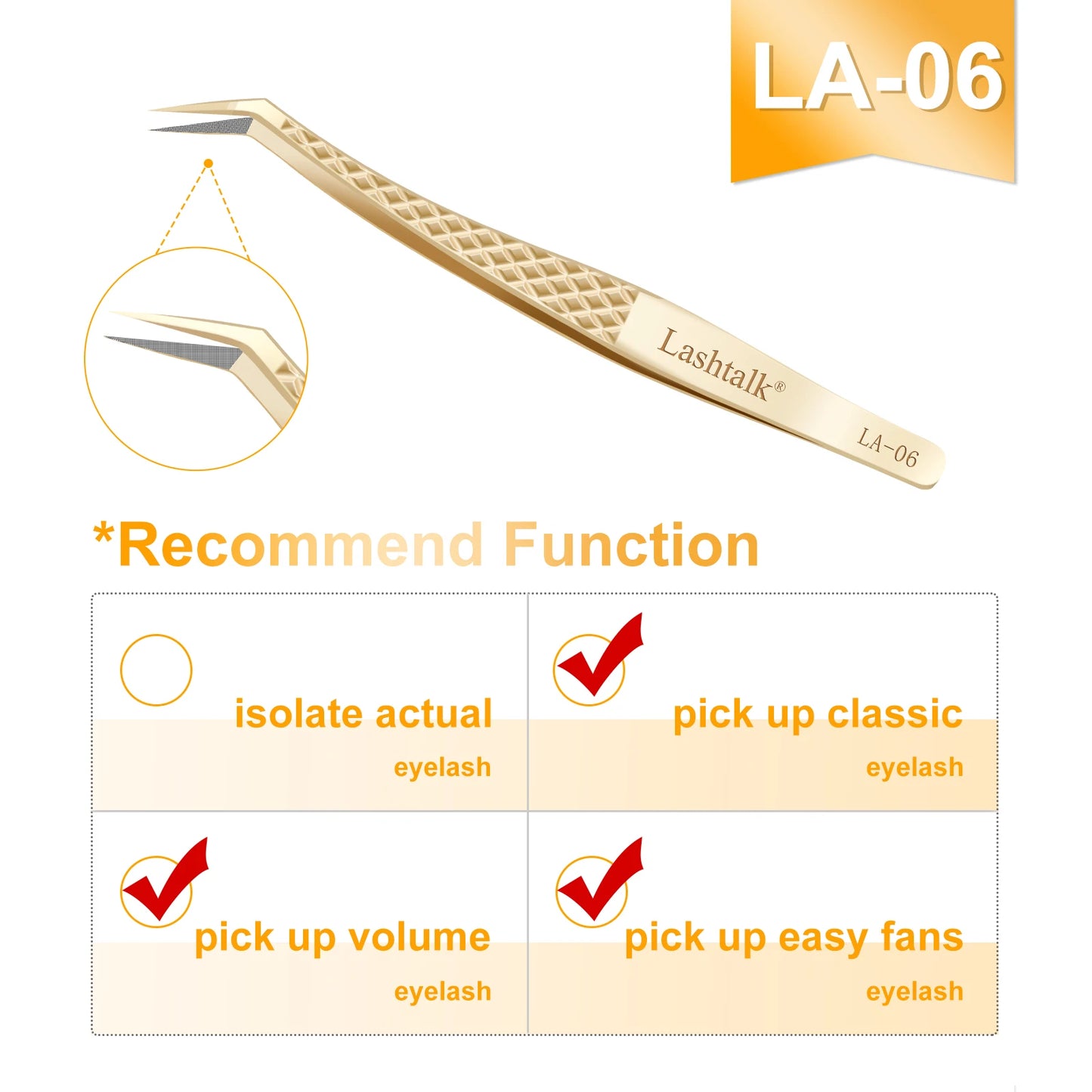 Pinzas de precisión Lashtalk Gold: punta de fibra ultrafina y agarre antideslizante