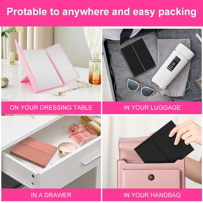 💄✨ Espejo de maquillaje LED portátil de 3 lados: perfecto para viajes y retoques