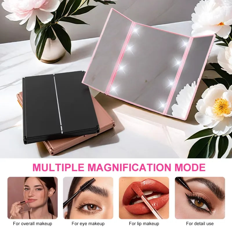 💄✨ Espejo de maquillaje LED portátil de 3 lados: perfecto para viajes y retoques