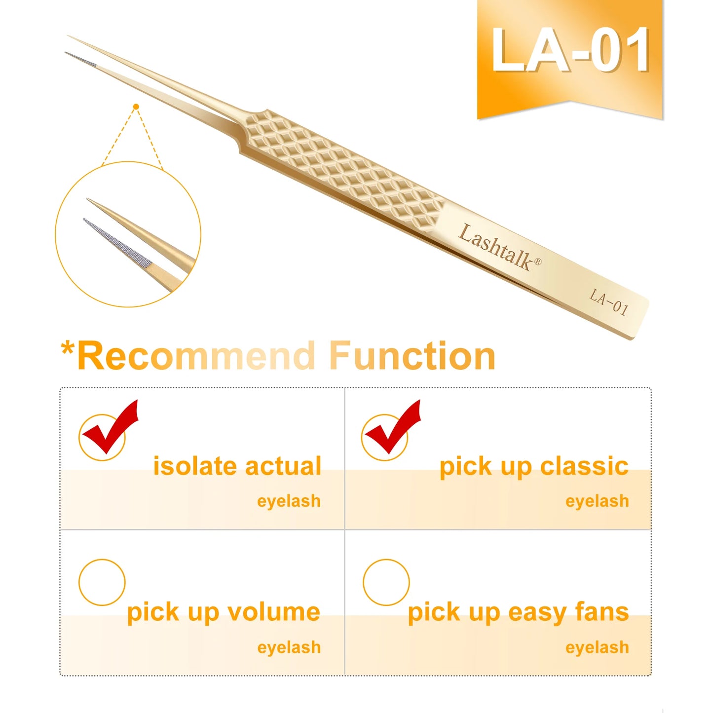 Pinzas de precisión Lashtalk Gold: punta de fibra ultrafina y agarre antideslizante