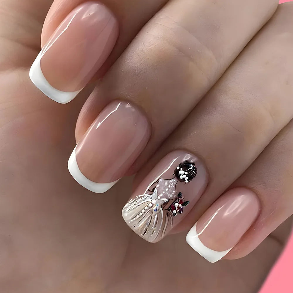 💖 Uñas postizas cuadradas cortas – Juego de 24 con corazones y francés blanco Y2K