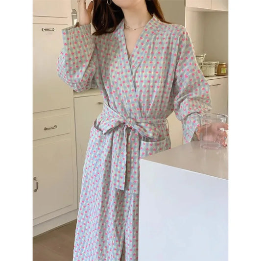 Robe de chambre femme kimono à carreaux – Ensemble long avec pantalon