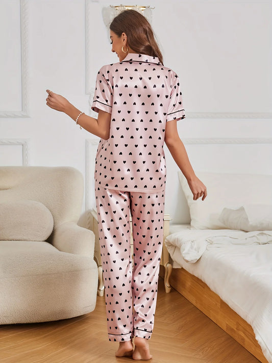 Conjunto de pijama de satén con estampado de corazones, casual, manga corta, botones, solapa, top y pantalones elásticos, ropa de dormir para mujer