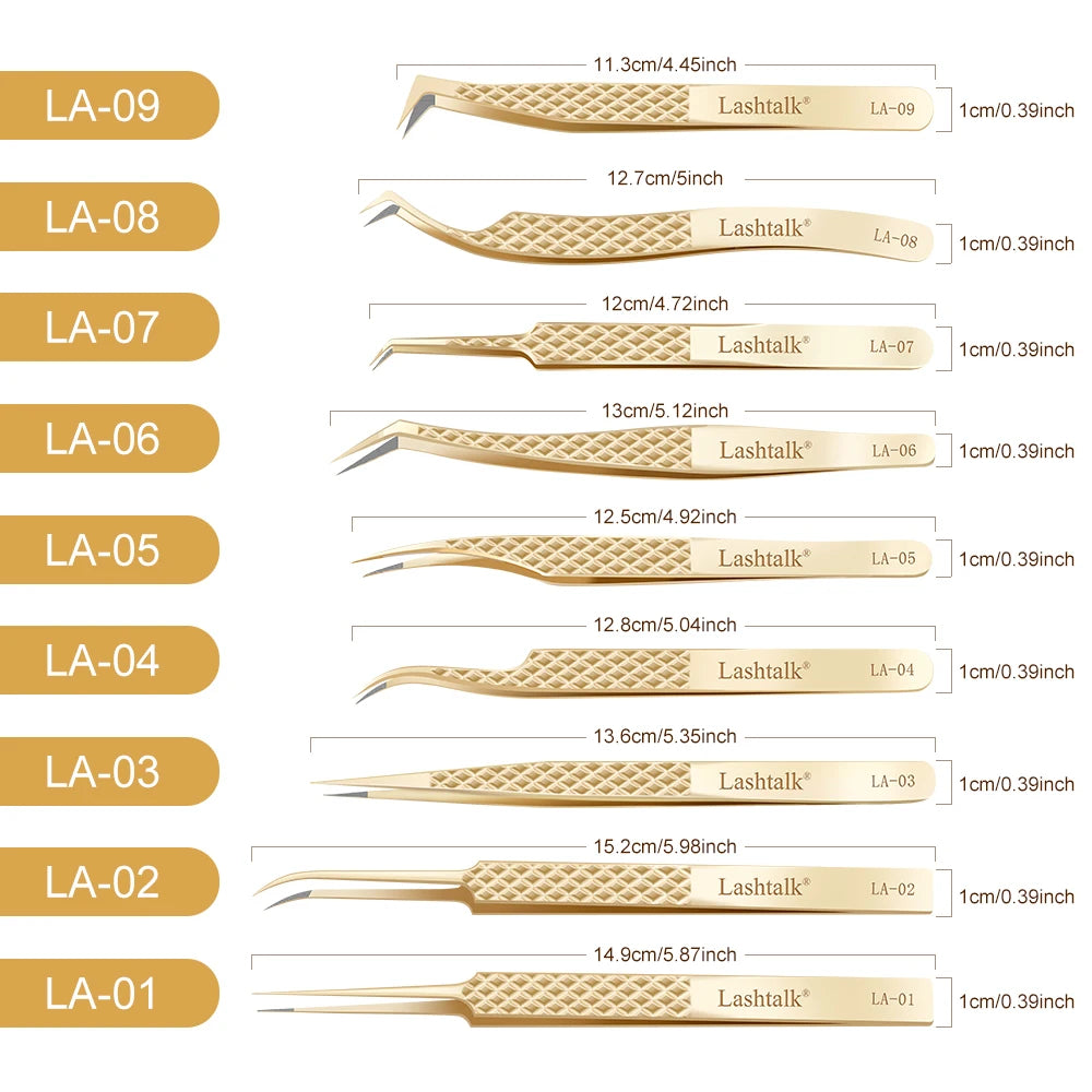 Pinzas de precisión Lashtalk Gold: punta de fibra ultrafina y agarre antideslizante