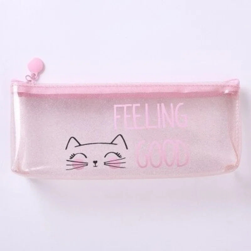Estuche para lápices con diseño de gato rosa transparente, accesorio escolar para niñas