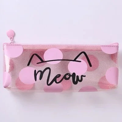 Estuche para lápices con diseño de gato rosa transparente, accesorio escolar para niñas