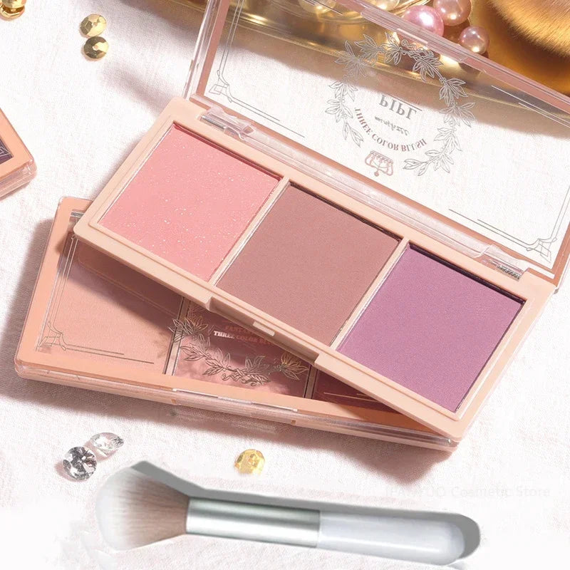 🌸🎨 3-Color Matte Blush Palette – Multi-Functional Complexion & Eyes with Brush