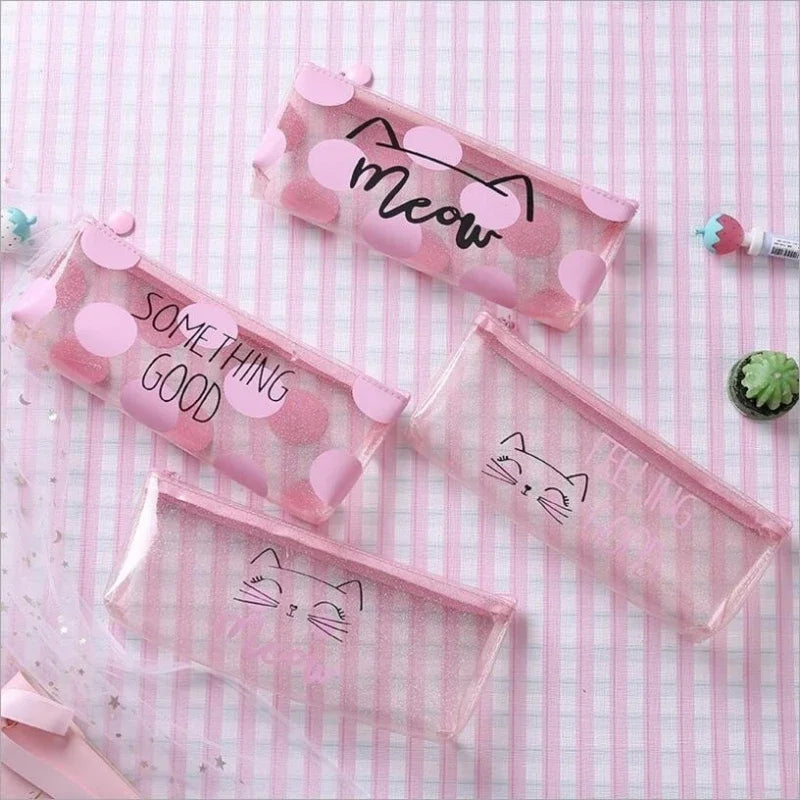 Estuche para lápices con diseño de gato rosa transparente, accesorio escolar para niñas