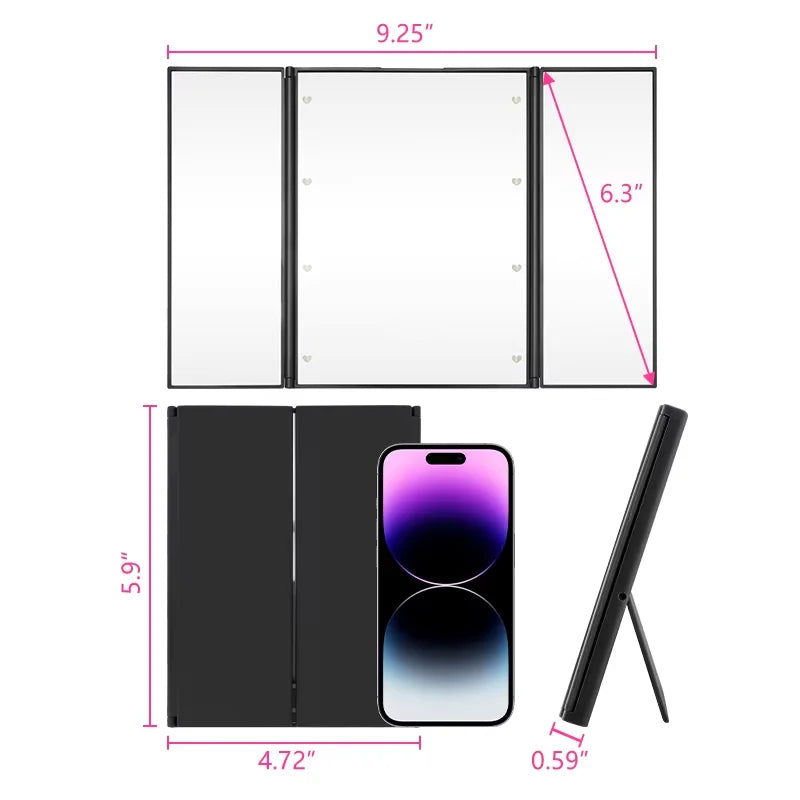 💄✨ Espejo de maquillaje LED portátil de 3 lados: perfecto para viajes y retoques