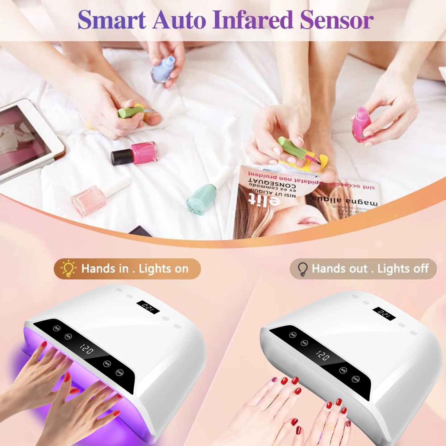 Lámpara de uñas UV LED de 320 W: secado rápido con pantalla LCD dual y 72 LED