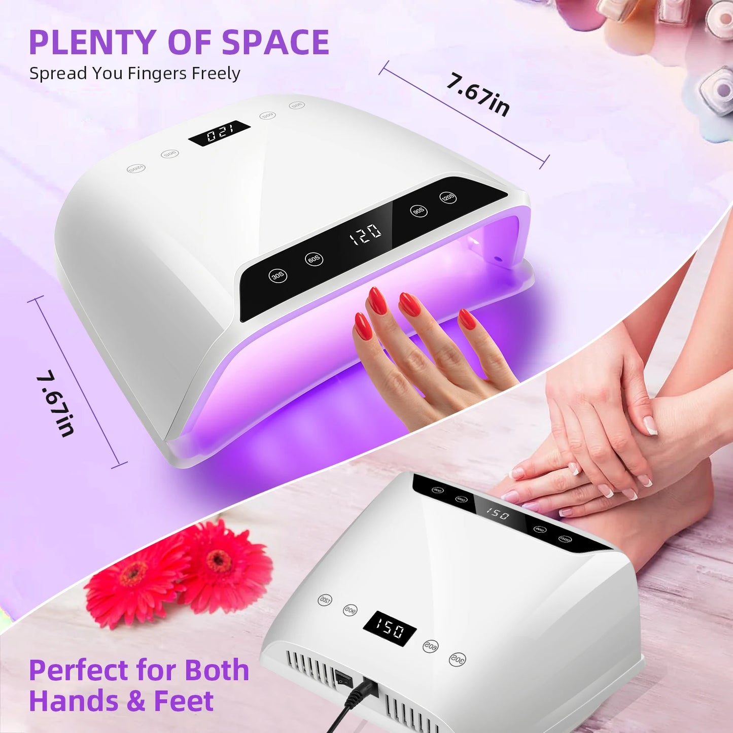 Lámpara de uñas UV LED de 320 W: secado rápido con pantalla LCD dual y 72 LED