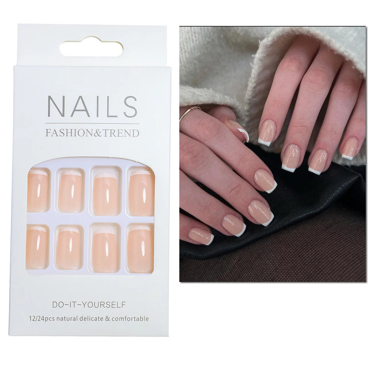 💖 Uñas postizas cuadradas cortas – Juego de 24 con corazones y francés blanco Y2K