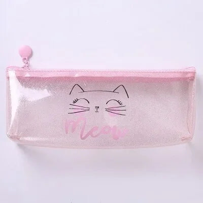 Estuche para lápices con diseño de gato rosa transparente, accesorio escolar para niñas