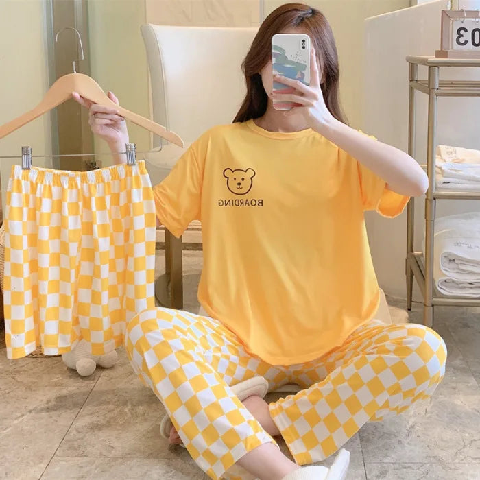 Ensemble Homewear femme – Haut manches courtes, Short et pantalon à carreaux imprimé 🧸