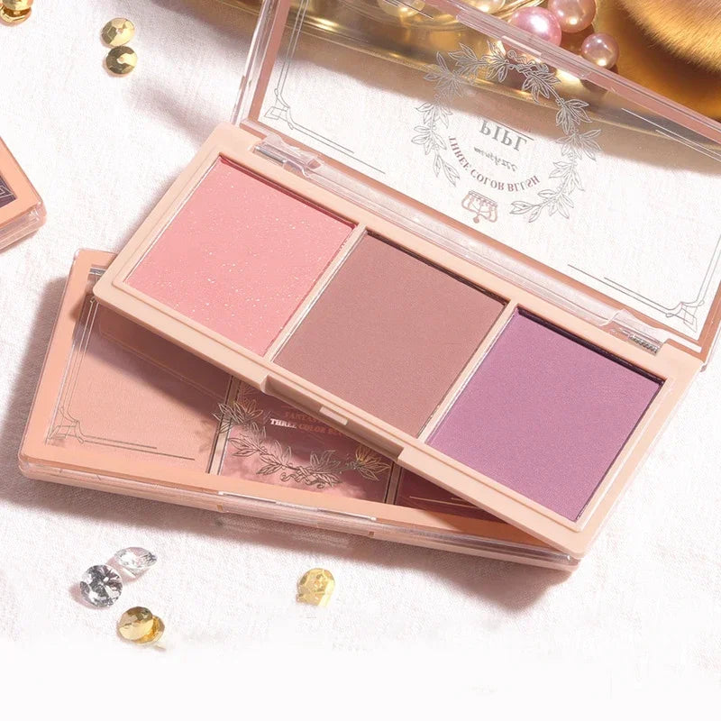 🌸🎨 3-Color Matte Blush Palette – Multi-Functional Complexion & Eyes with Brush