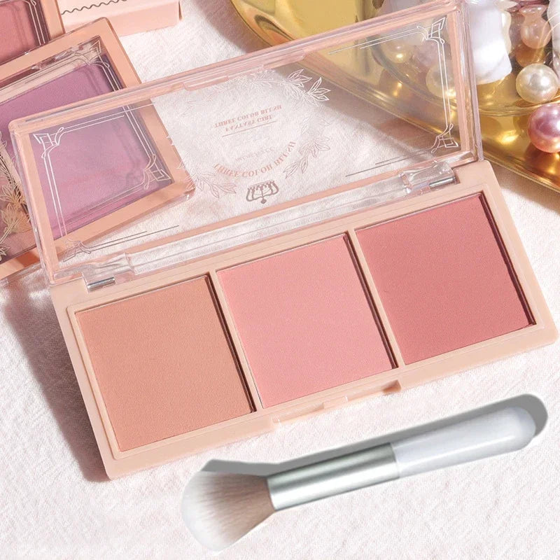 🌸🎨 3-Color Matte Blush Palette – Multi-Functional Complexion & Eyes with Brush