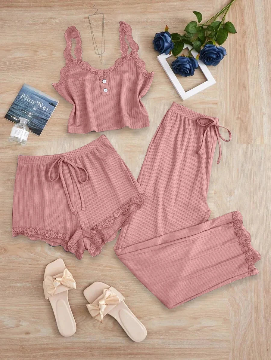 Ensemble Homewear Femme Dentelle – Débardeur Court , Short et Pantalon Uni