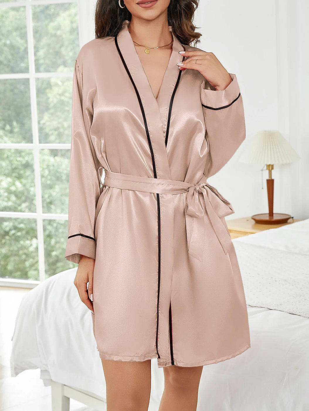 Robe De Chambre Femme Satin - Courte à Manches Longues Uni