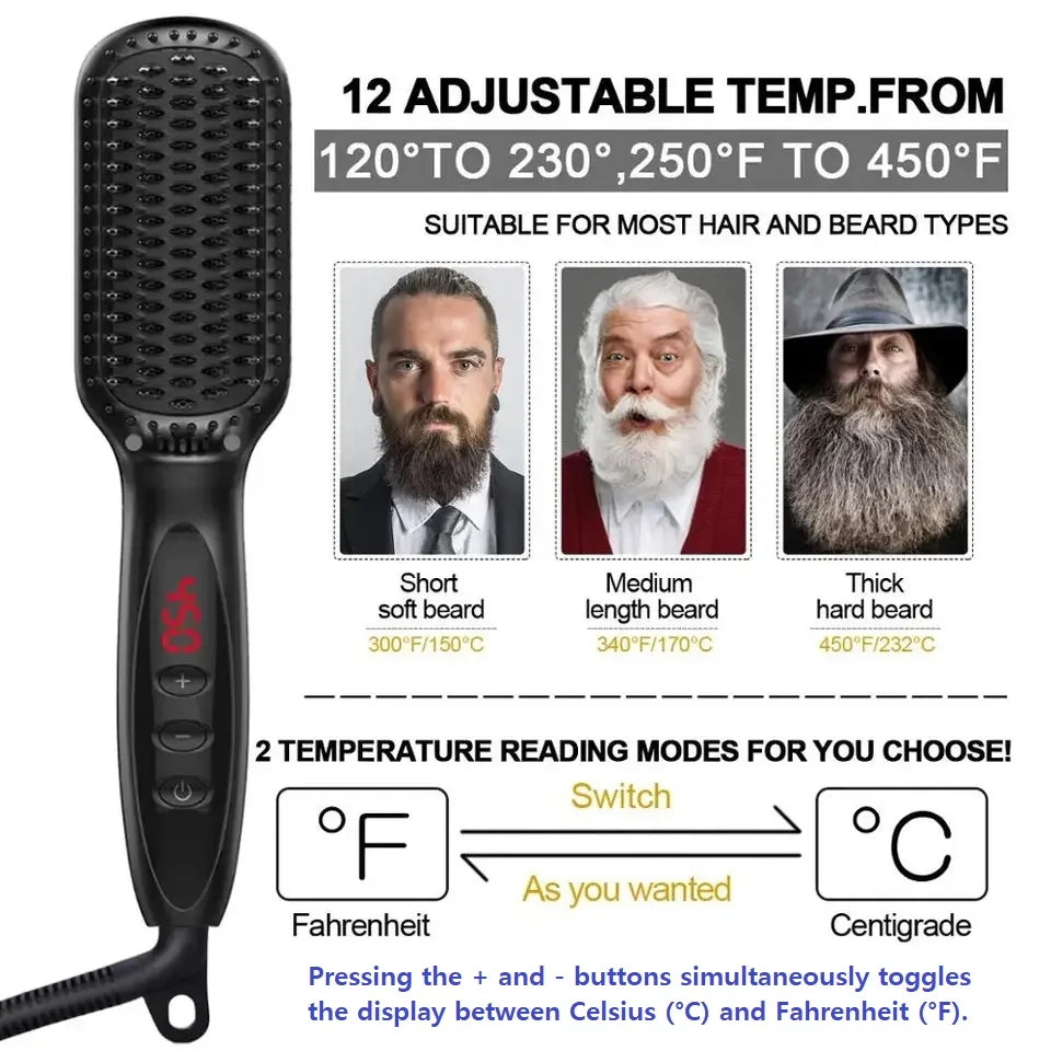 Cepillo alisador eléctrico de cerámica antiescaldaduras para cabello y barba.