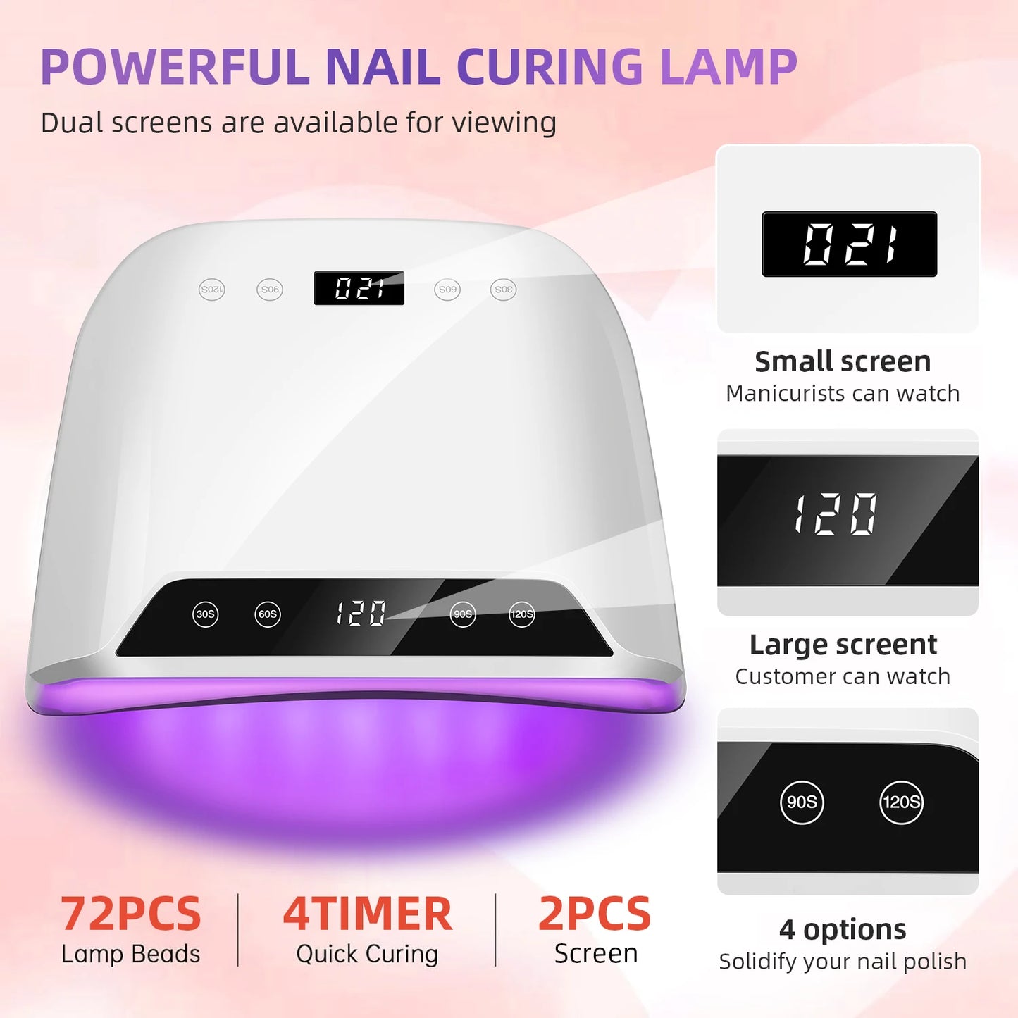 Lámpara de uñas UV LED de 320 W: secado rápido con pantalla LCD dual y 72 LED