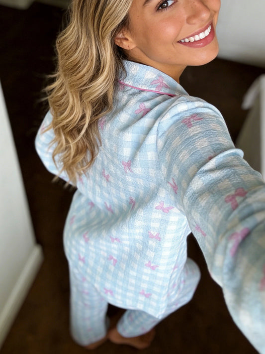 Pyjama Femme Boutonné - Haut Manches Longues et Pantalon à carreaux motif 🎀