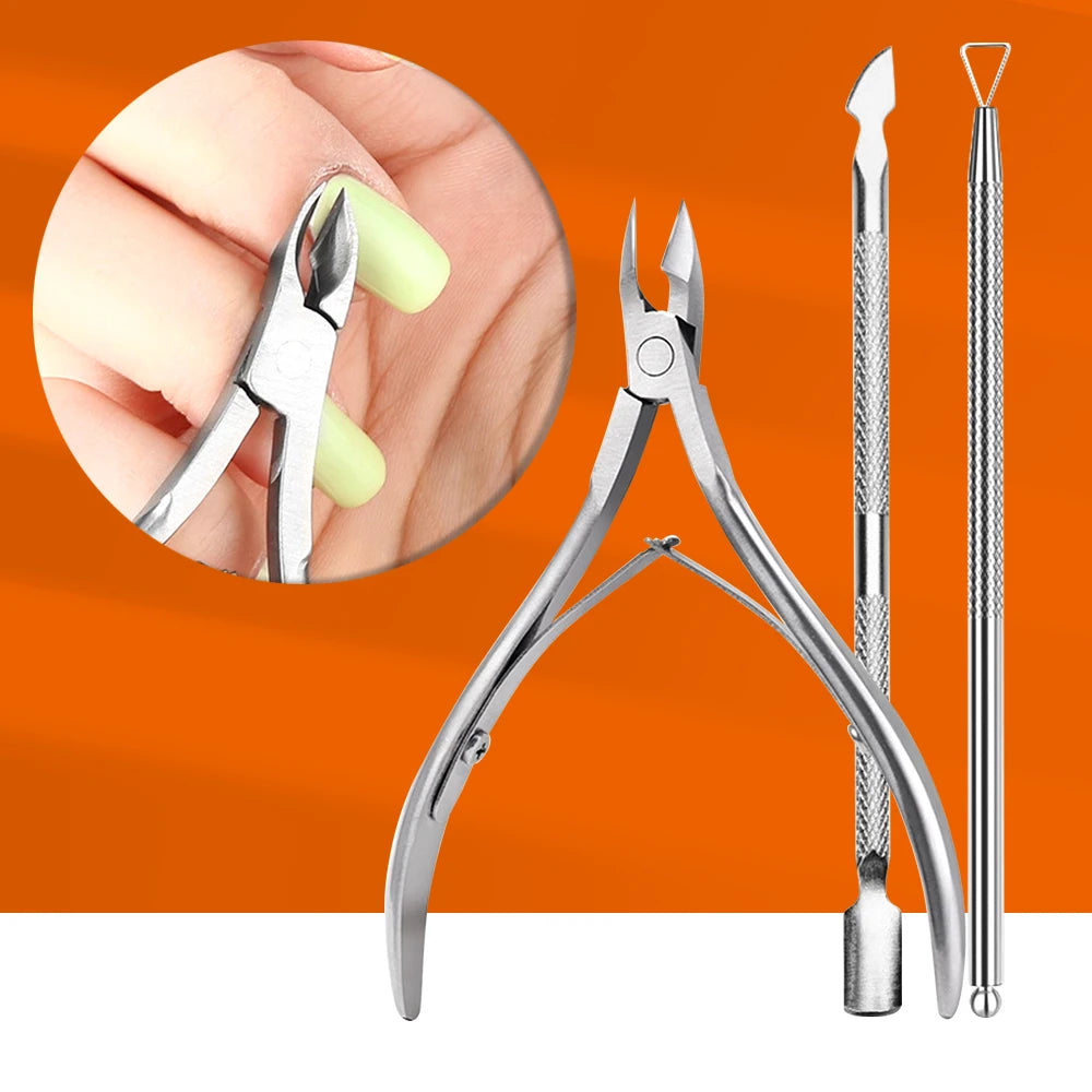 Kit de cuidado de uñas de acero inoxidable: cortacutículas y empujador de piel
