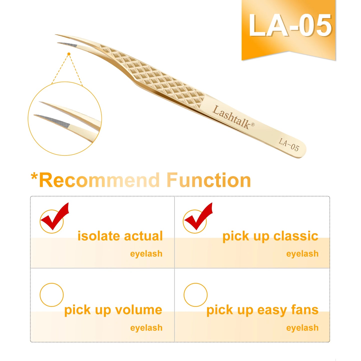 Pinzas de precisión Lashtalk Gold: punta de fibra ultrafina y agarre antideslizante
