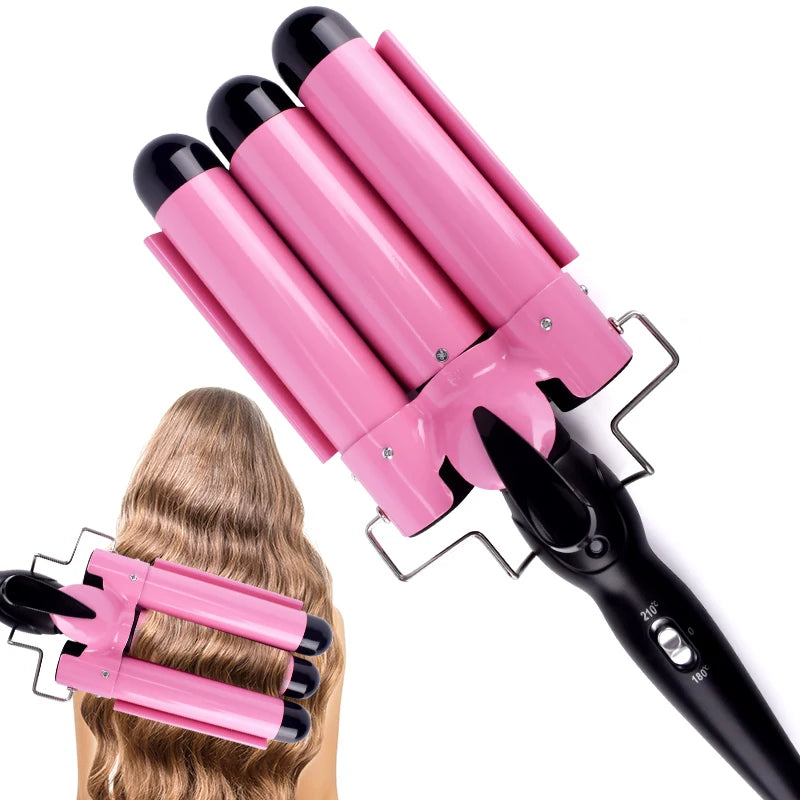 Plancha de pelo rosa de triple barril
