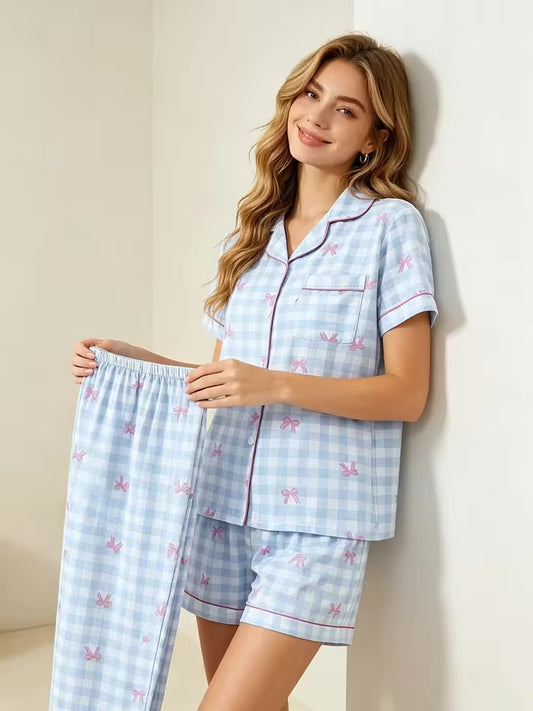 Ensemble de Pyjama - Haut à manches courtes, short et pantalon à carreaux 🎀