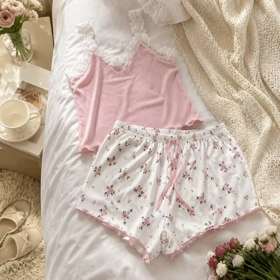 Pyjama - Haut camisole avec dentelle et short 🌸
