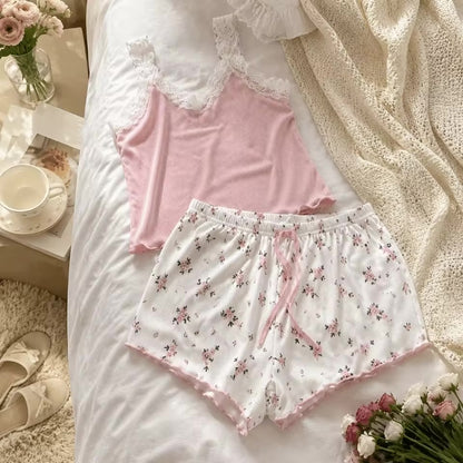 Pyjama - Haut camisole avec dentelle et short 🌸