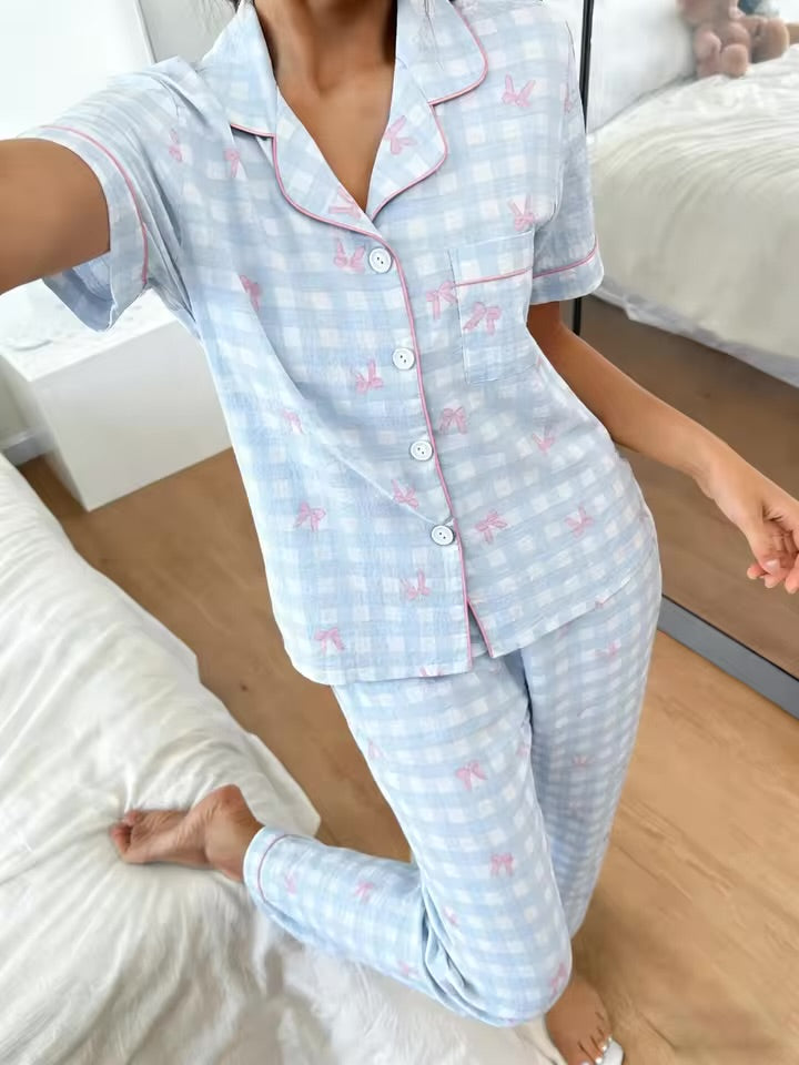 Conjunto de pijama - Camiseta de manga corta, pantalón corto y pantalón largo de cuadros 🎀