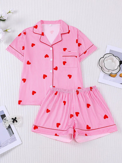 Pyjama Boutonné - Haut à manches courtes et short à rayures ❤️