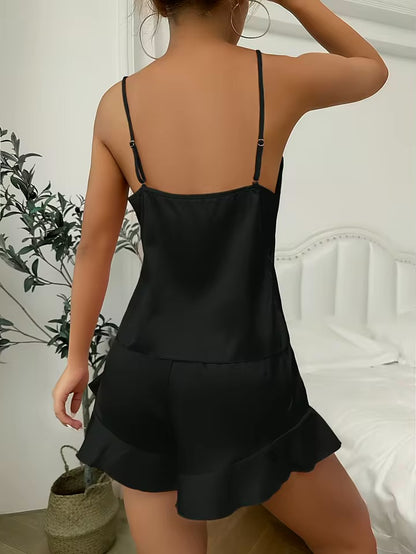 Ensemble en satin - Haut camisole à bretelles, short à volants et robe de chambre avec ceinture