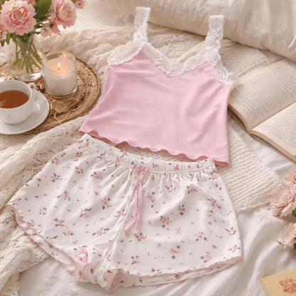 Pyjama - Haut camisole avec dentelle et short 🌸