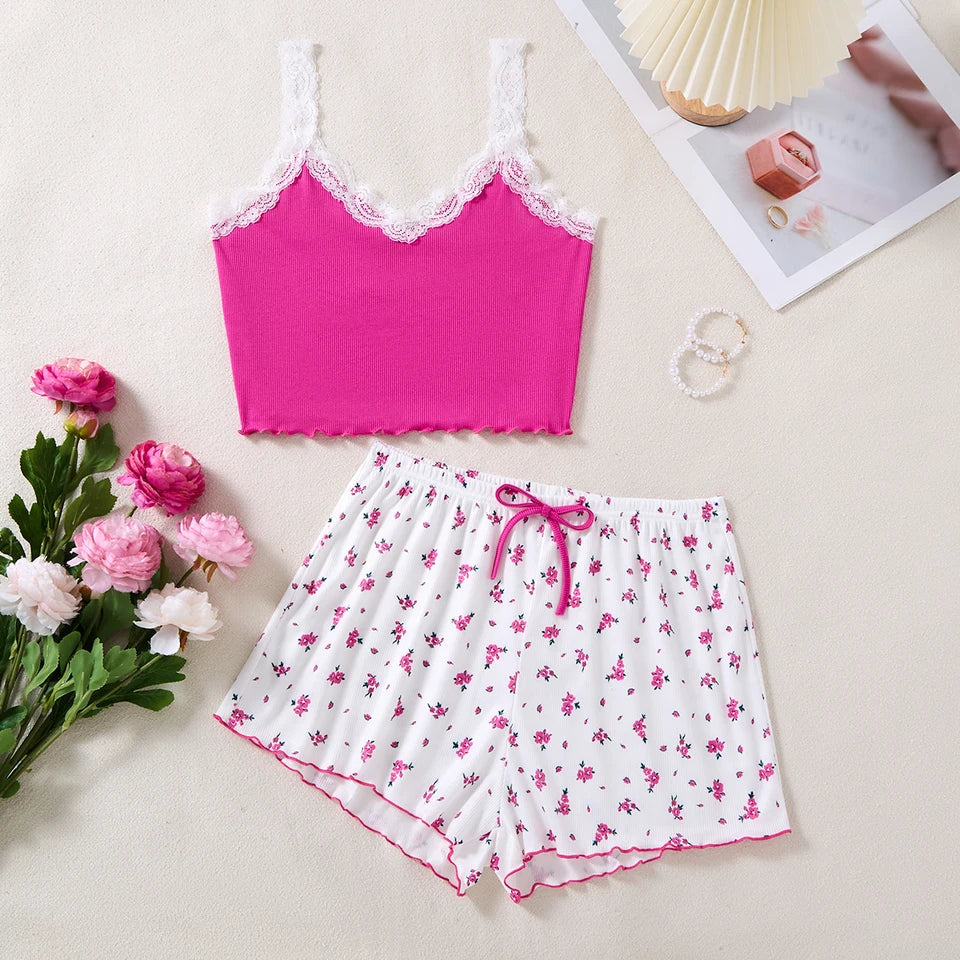 Pyjama - Haut camisole avec dentelle et short 🌸