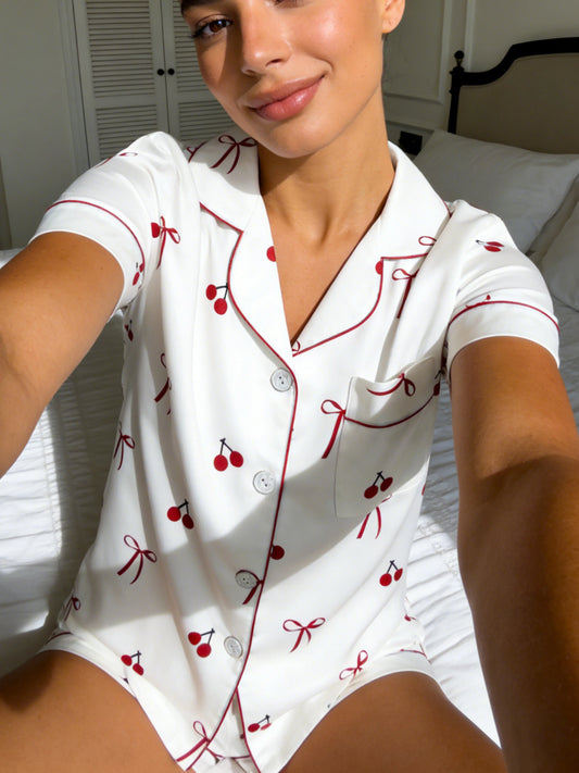 Pyjama Femme Boutonné - Haut Manches Courtes et Short imprimé 🍒🎀
