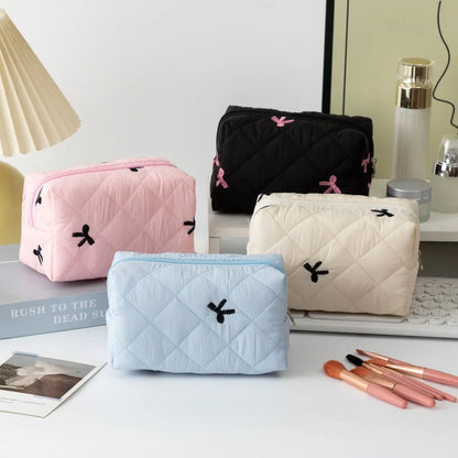 Trousse Maquillage Femme Nœud Brodé – Grande Capacité en Coton🎀