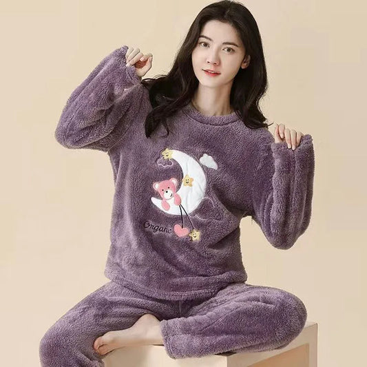 Pyjama Femme Velours Corails - Haut Manches Longues et Pantalon imprimés variés