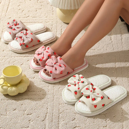Women's Slippers - Bow, Corduroy and strawberry pattern cotton