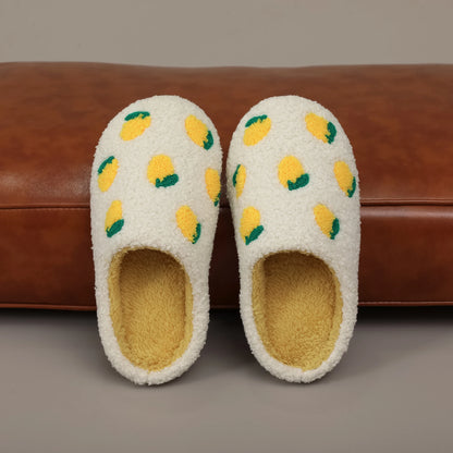 Pantoufles Femme Citron Brodé – Chaussons en Peluche 🍋