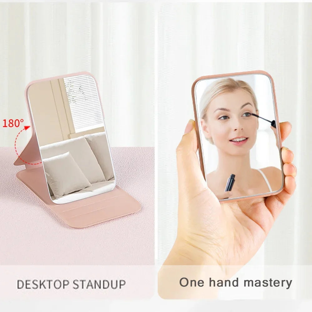 Espejo de maquillaje plegable portátil - Cuero sintético antideslizante en oro rosa con estampado de letras