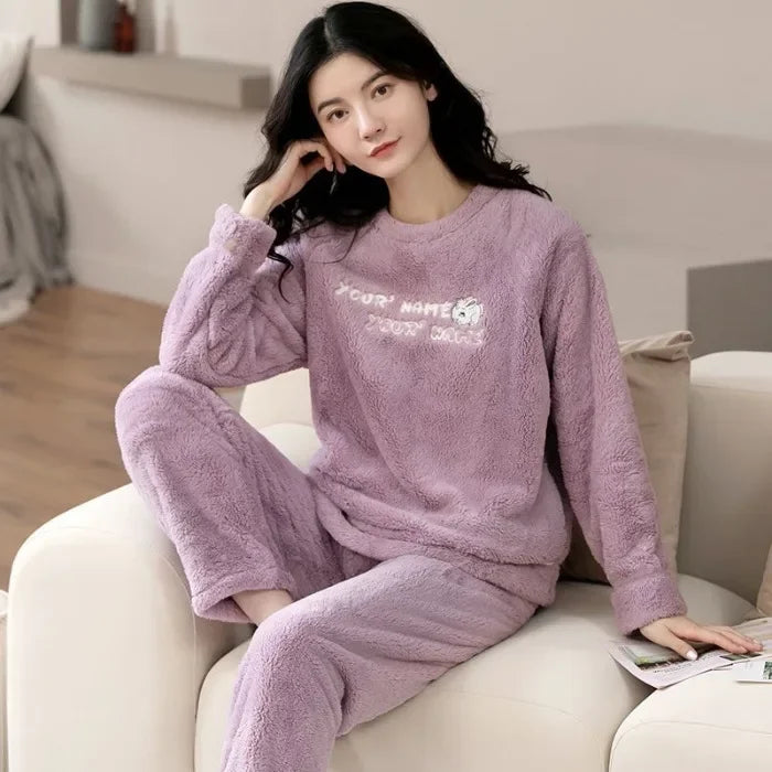 Pyjama Femme Flanelle - Haut Manches Longues et Pantalon Uni