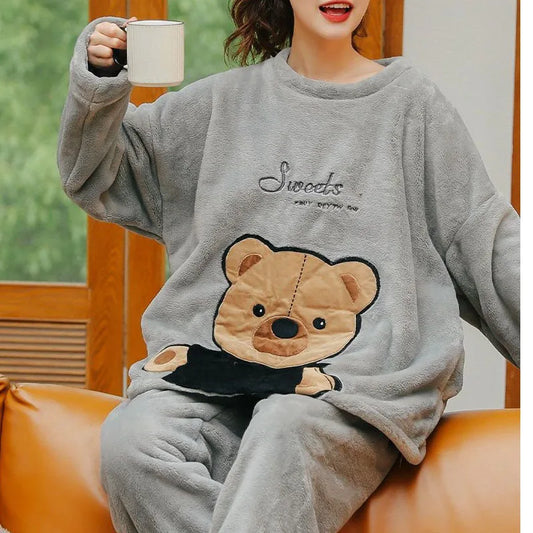 Pyjama Femme Velours Corails - Haut Manches Longues et Pantalon imprimés variés
